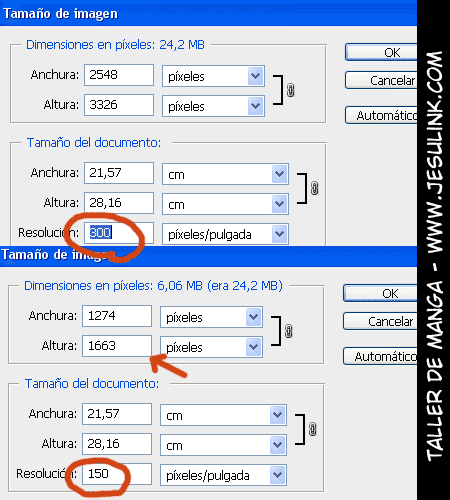 Taller de Manga. Dimesiones de imagen. Tamaño de imagen. Resolución de imagen.